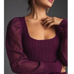 NWT Anthropologie Puff-Sleeve Shimmer Sweater sz medium, purple/plum